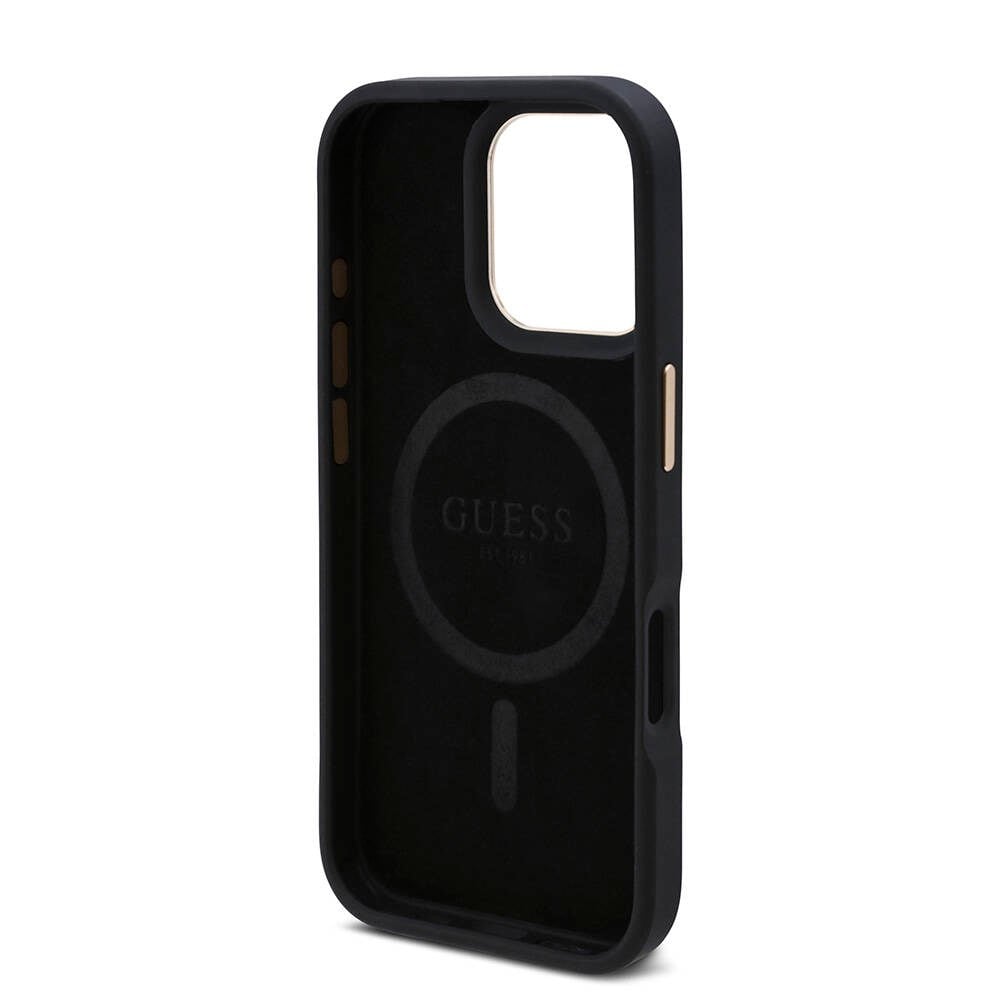 Apple iPhone 16 Pro Max Kılıf Guess Orjinal Lisanslı M-safe Şarj Özellikli 4G Desenli PU Metal Plaka Klasik Logolu Kapak
