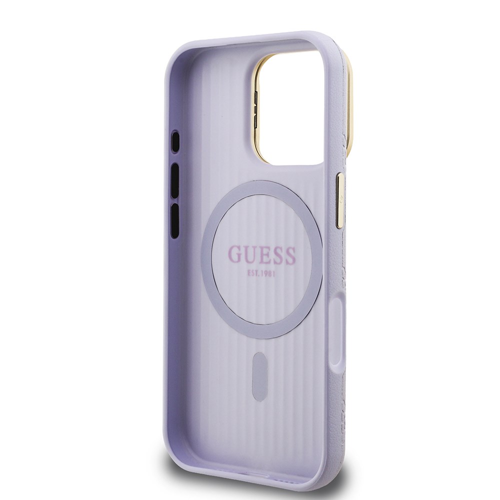 Apple iPhone 16 Pro Max Kılıf Guess Orjinal Lisanslı M-safe Şarj Özellikli Sıcak Baskılı Yazı Logolu Kamera Standlı PU Deri Peony Kapak
