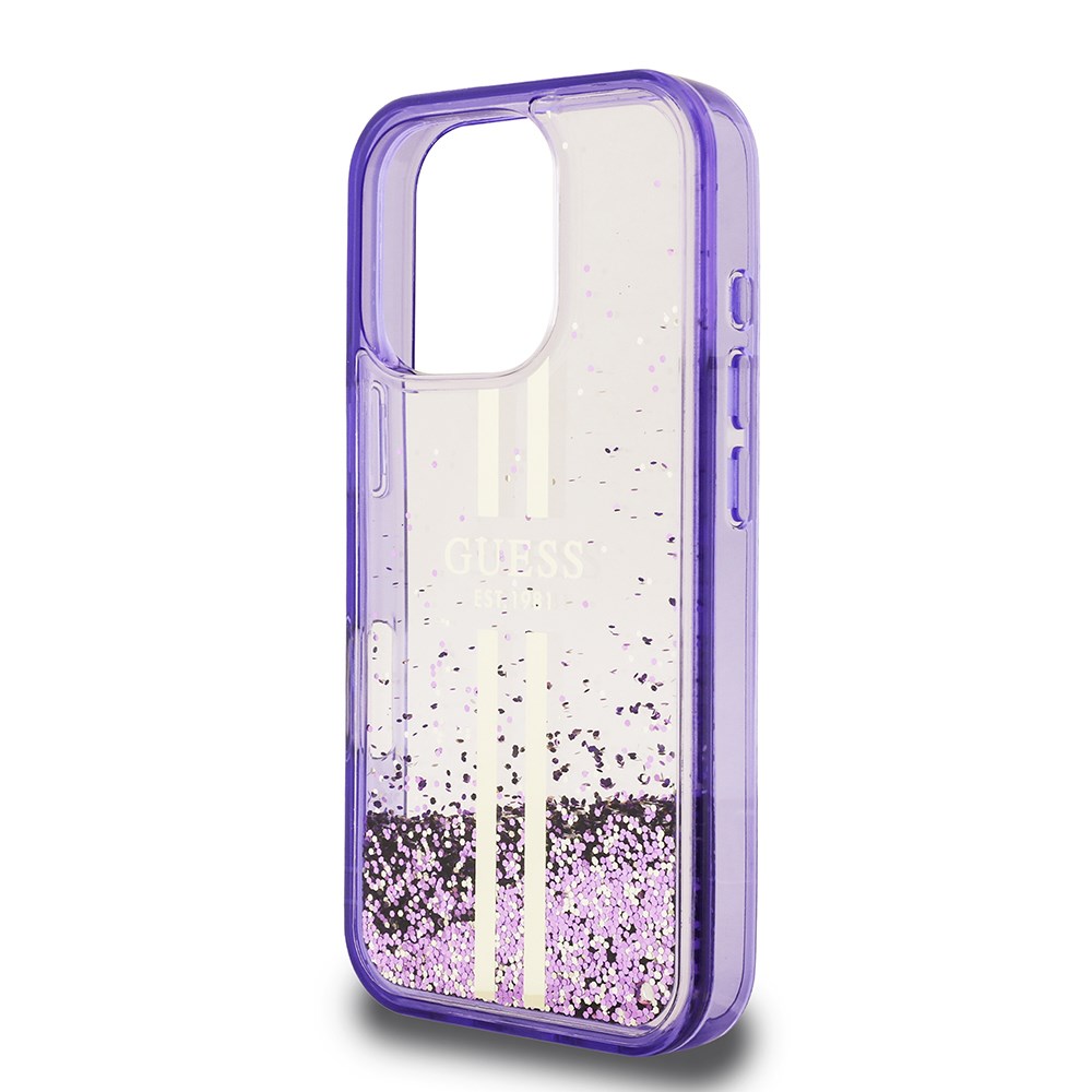 Apple iPhone 16 Pro Max Kılıf Guess Orjinal Lisanslı Transparan Sıvılı Simli Altın Çizgili Kapak