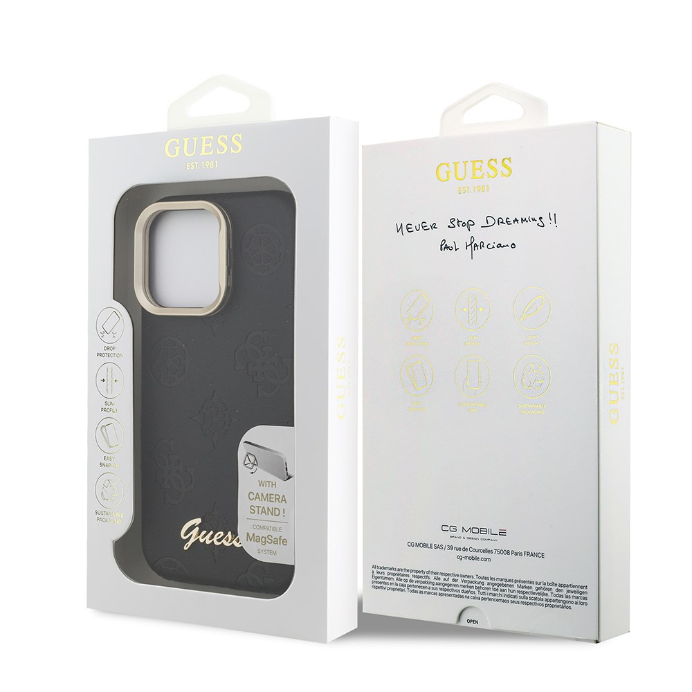 Apple iPhone 16 Pro Max Kılıf Guess Orjinal Lisanslı M-safe Şarj Özellikli Sıcak Baskılı Yazı Logolu Kamera Standlı PU Deri Peony Kapak