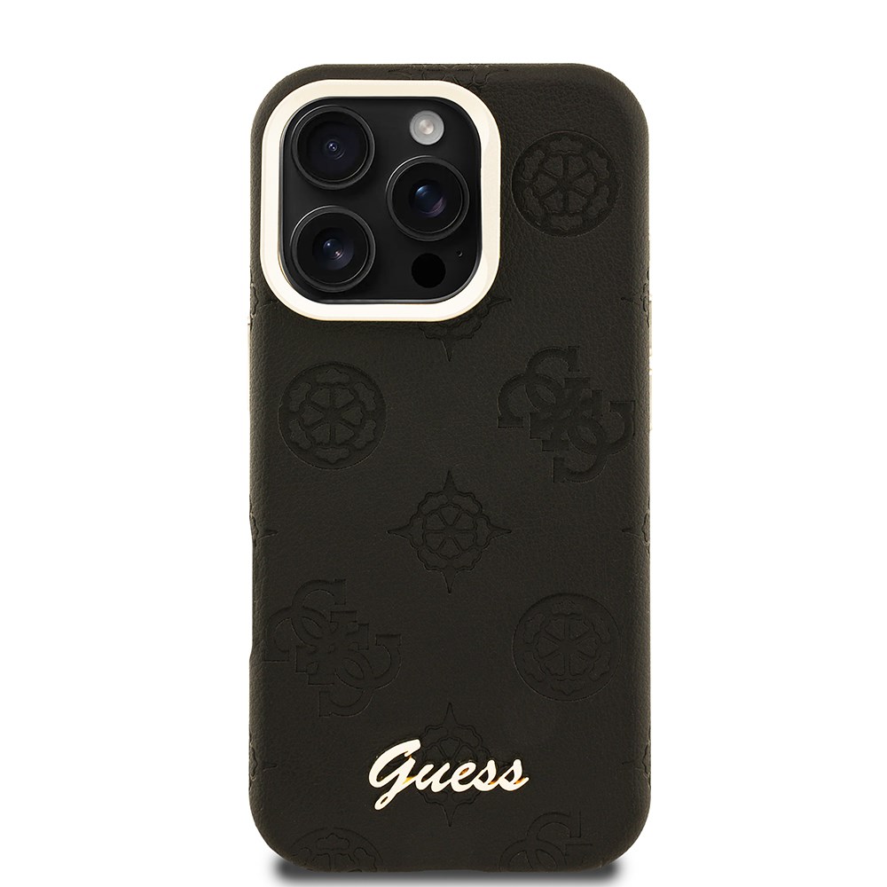 Apple iPhone 16 Pro Max Kılıf Guess Orjinal Lisanslı M-safe Şarj Özellikli Sıcak Baskılı Yazı Logolu Kamera Standlı PU Deri Peony Kapak