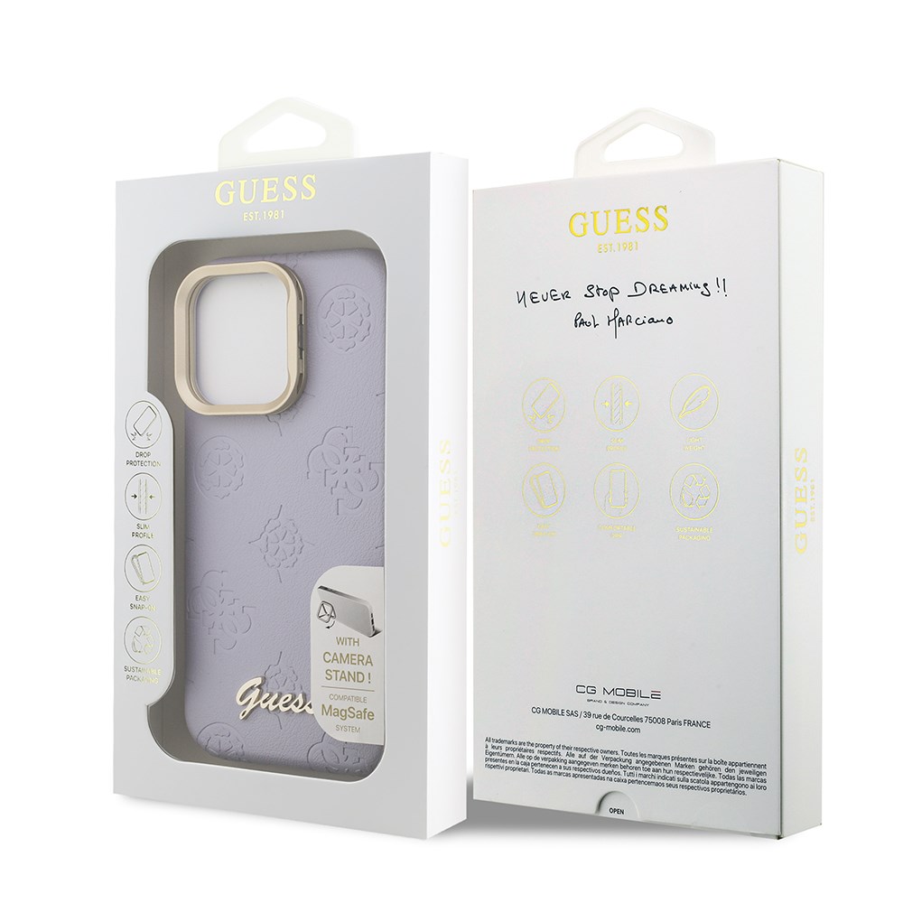 Apple iPhone 16 Pro Max Kılıf Guess Orjinal Lisanslı M-safe Şarj Özellikli Sıcak Baskılı Yazı Logolu Kamera Standlı PU Deri Peony Kapak
