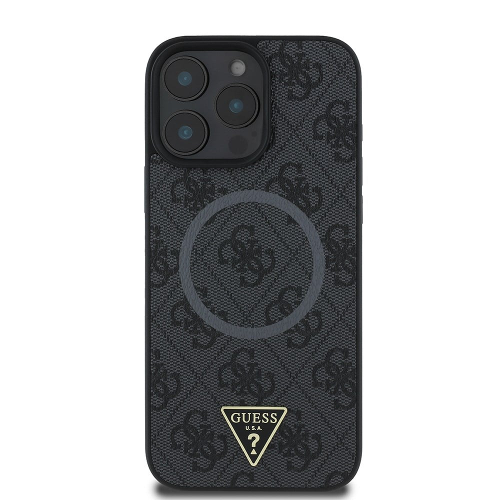 Apple iPhone 16 Pro Max Kılıf Guess Orjinal Lisanslı M-safe Şarj Özellikli PU Üçgen Logo 4G Desenli Kapak