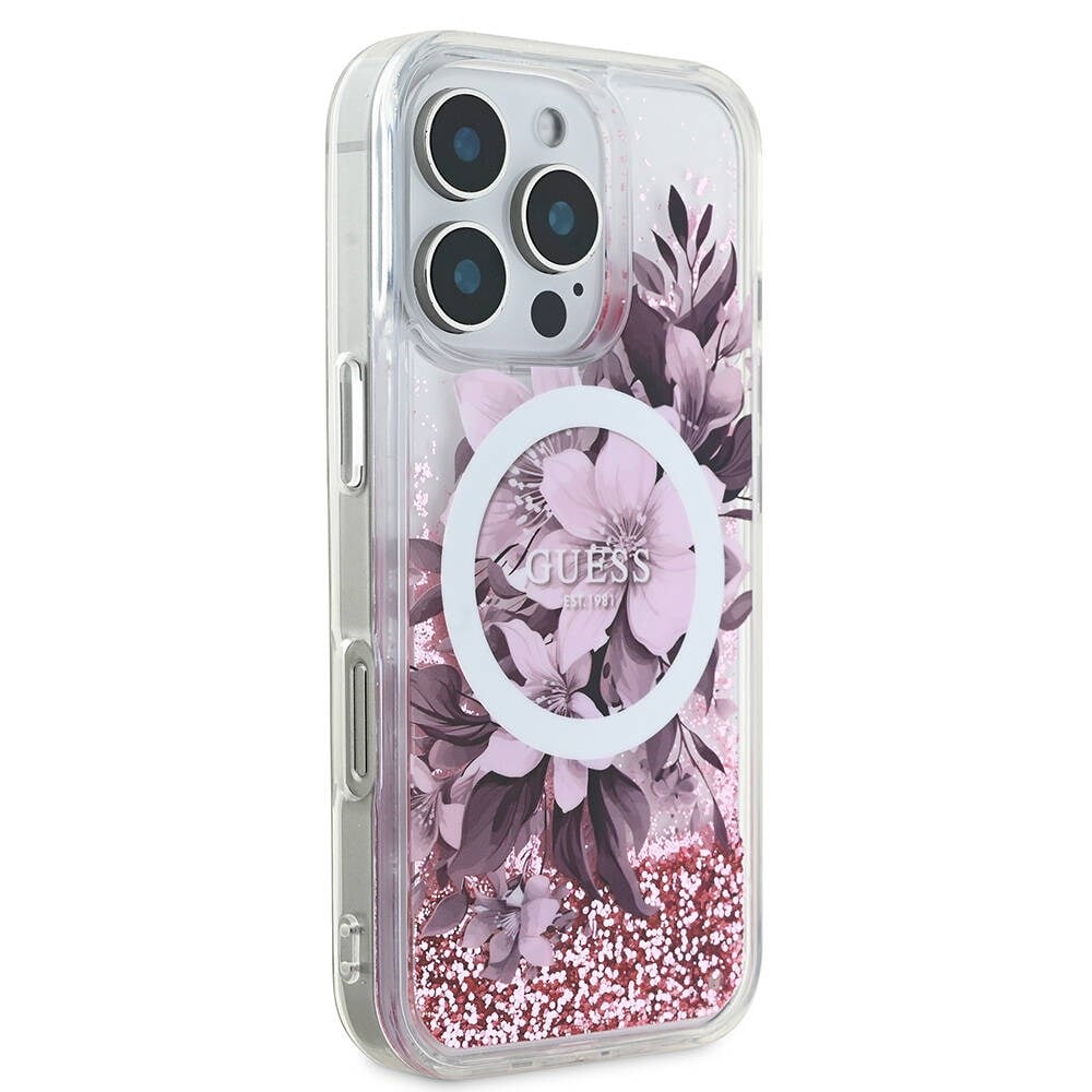 Apple iPhone 16 Pro Max Kılıf Guess Orjinal Lisanslı M-safe Şarj Özellikli Sıvılı Simli Çiçek Desenli Kapak