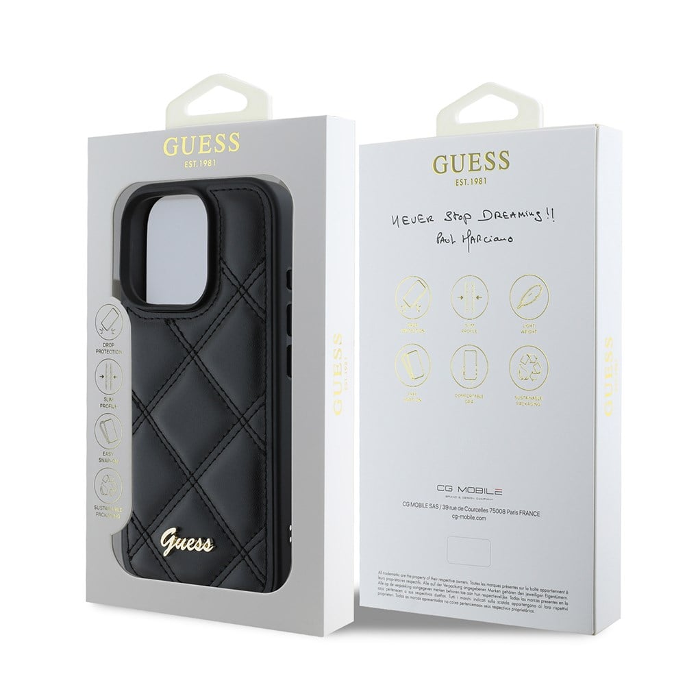 Apple iPhone 16 Pro Max Kılıf Guess Orjinal Lisanslı PU Deri Metal Yazı Logolu Kapitone Kapak