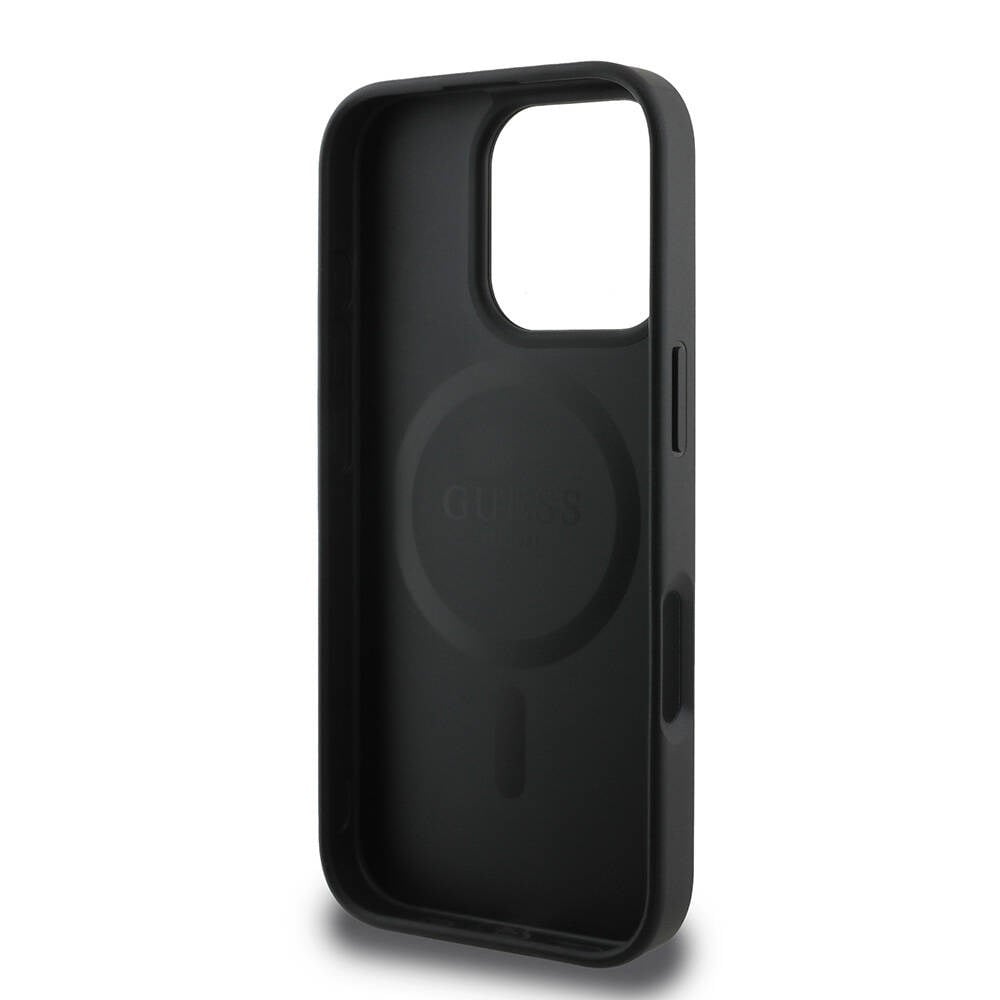 Apple iPhone 16 Pro Max Kılıf Guess Orjinal Lisanslı M-safe Şarj Özellikli PU Deri Şerit Logo Dizaynlı Kapak