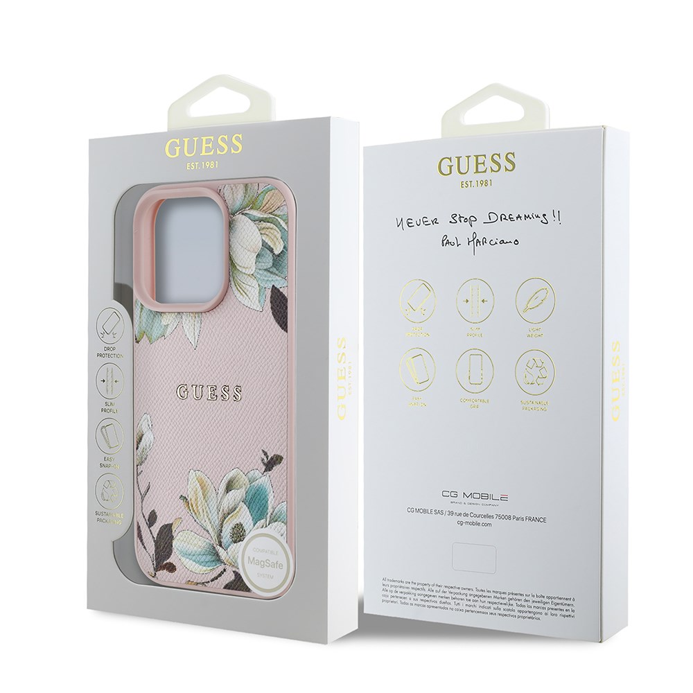 Apple iPhone 16 Pro Max Kılıf Guess Orjinal Lisanslı M-safe Şarj Özellikli Taneli Çiçek Tasarımlı Metal Yazı Logolu Kapak