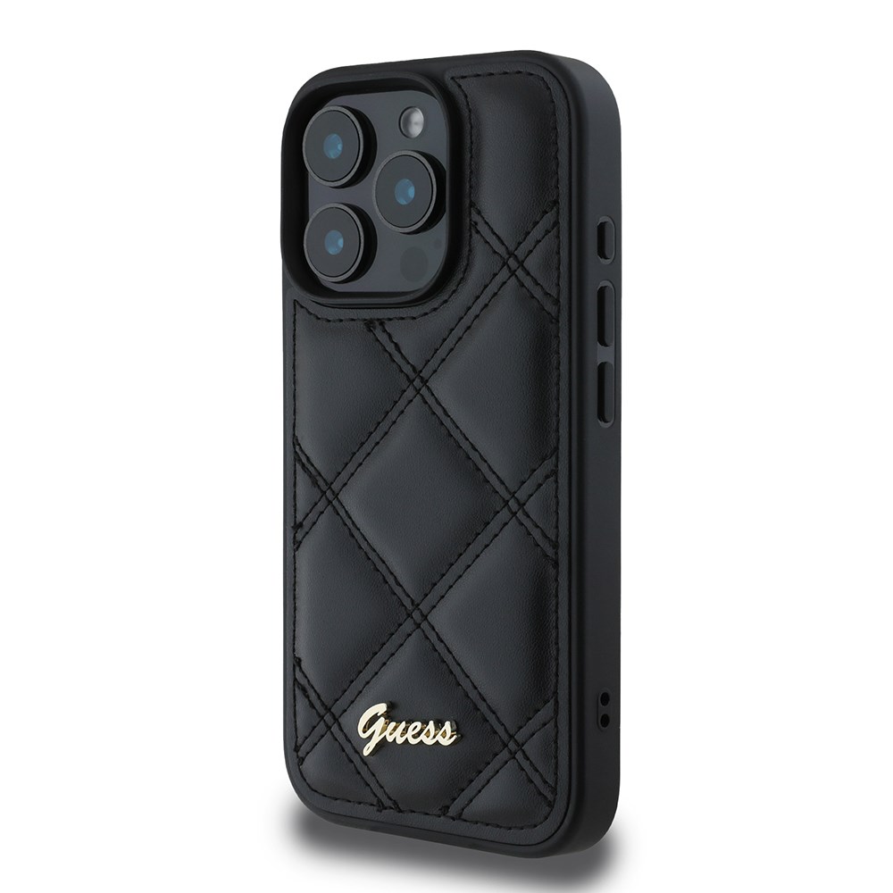 Apple iPhone 16 Pro Max Kılıf Guess Orjinal Lisanslı PU Deri Metal Yazı Logolu Kapitone Kapak