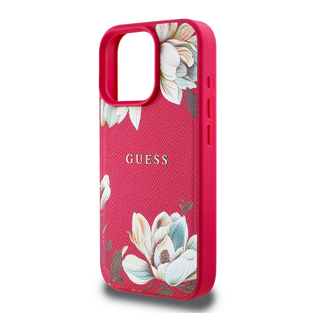 Apple iPhone 16 Pro Max Kılıf Guess Orjinal Lisanslı M-safe Şarj Özellikli Taneli Çiçek Tasarımlı Metal Yazı Logolu Kapak