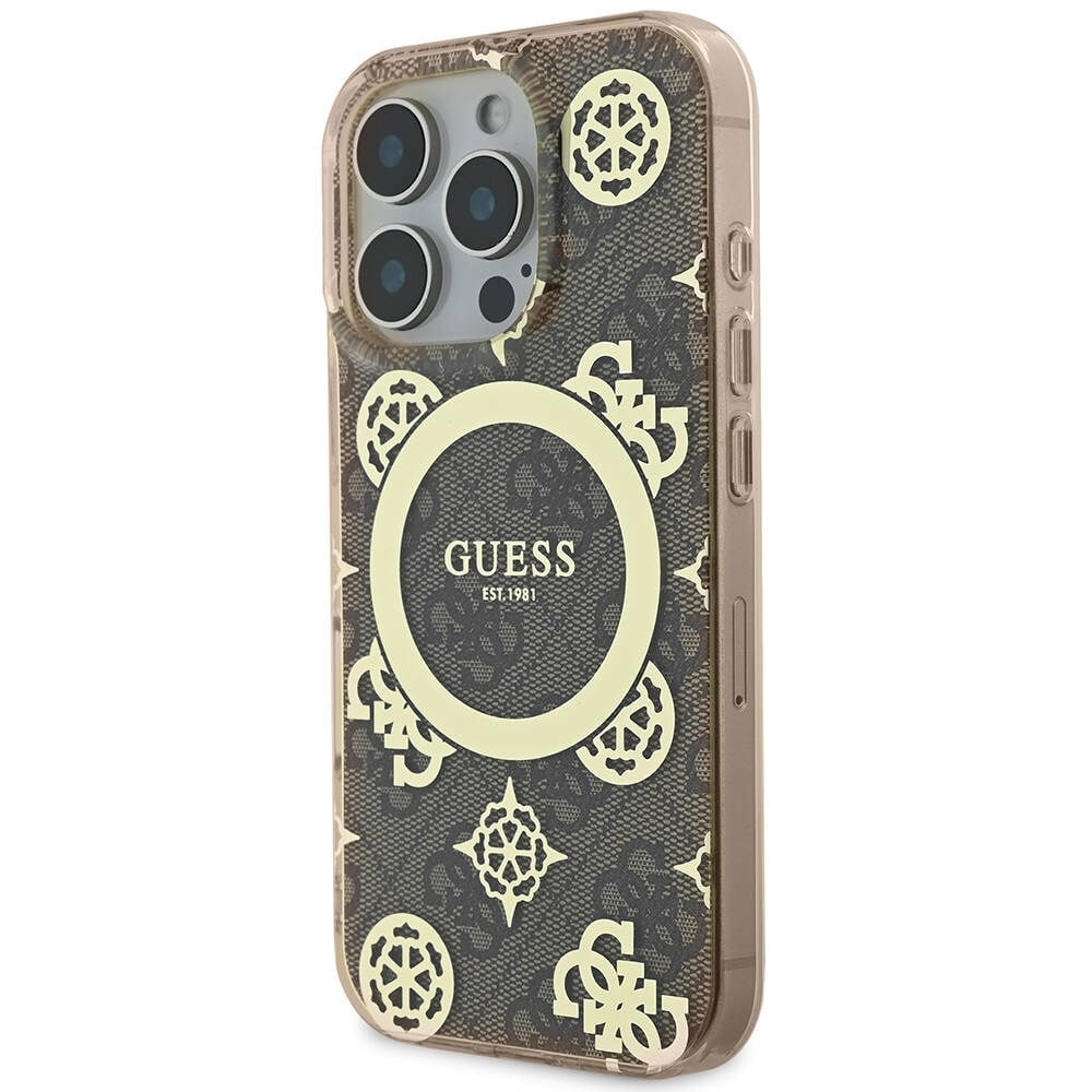 Apple iPhone 16 Pro Max Kılıf Guess Orjinal Lisanslı M-safe Şarj Özellikli IML Peony ve 4G Desenli Klasik Logolu Kapak