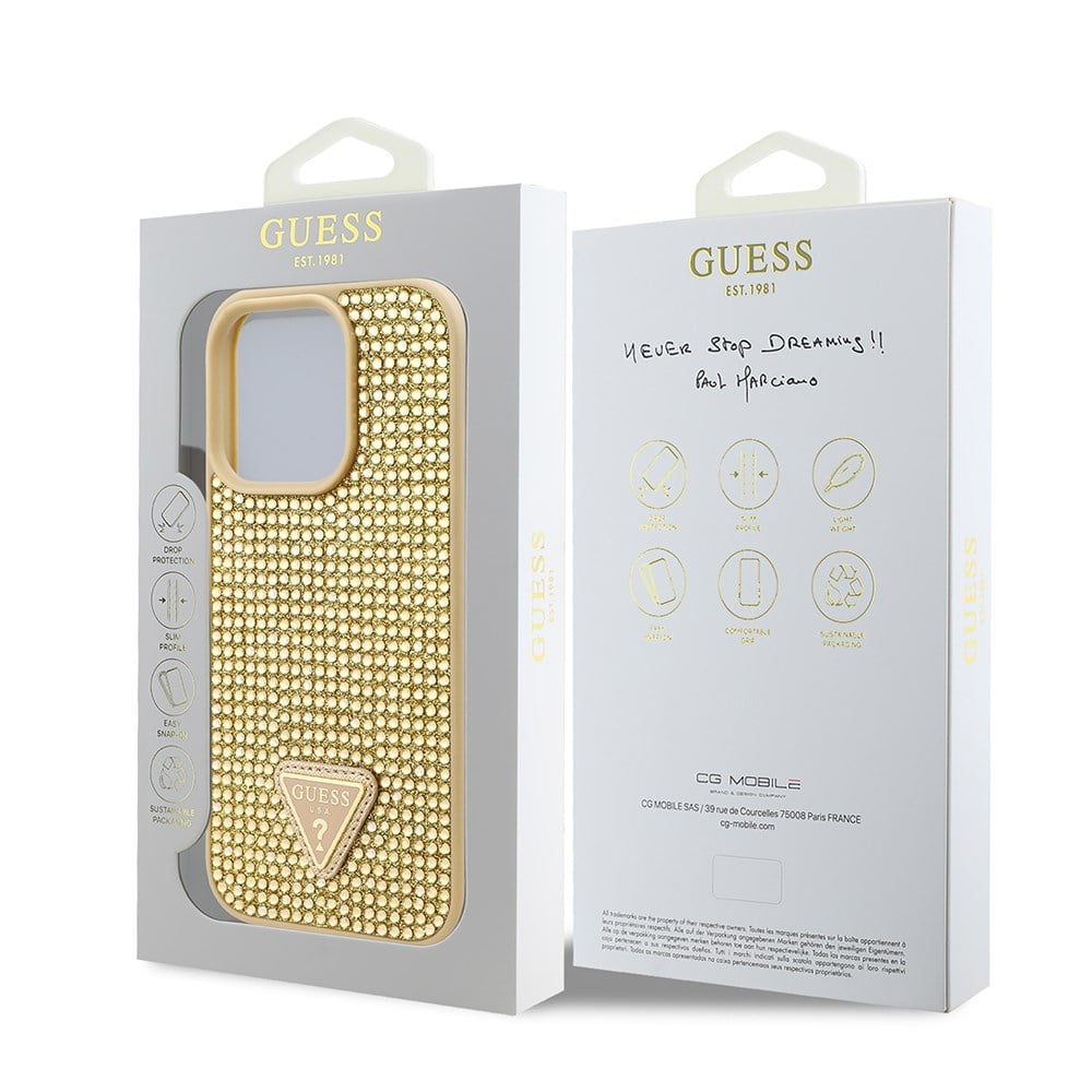 Apple iPhone 16 Pro Max Kılıf Guess Orjinal Lisanslı Taşlı Arka Yüzey Üçgen Logolu Kapak