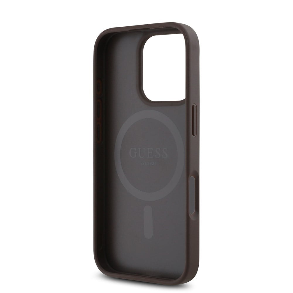 Apple iPhone 16 Pro Max Kılıf Guess Orjinal Lisanslı M-safe Şarj Özellikli PU Üçgen Logo 4G Desenli Kapak