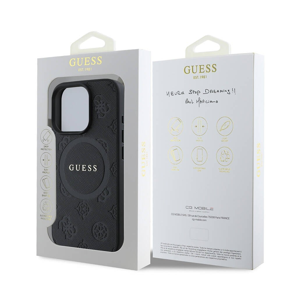 Apple iPhone 16 Pro Max Kılıf Guess Orjinal Lisanslı M-safe Şarj Özellikli Yazı Logolu Saffiano Peony Kapak