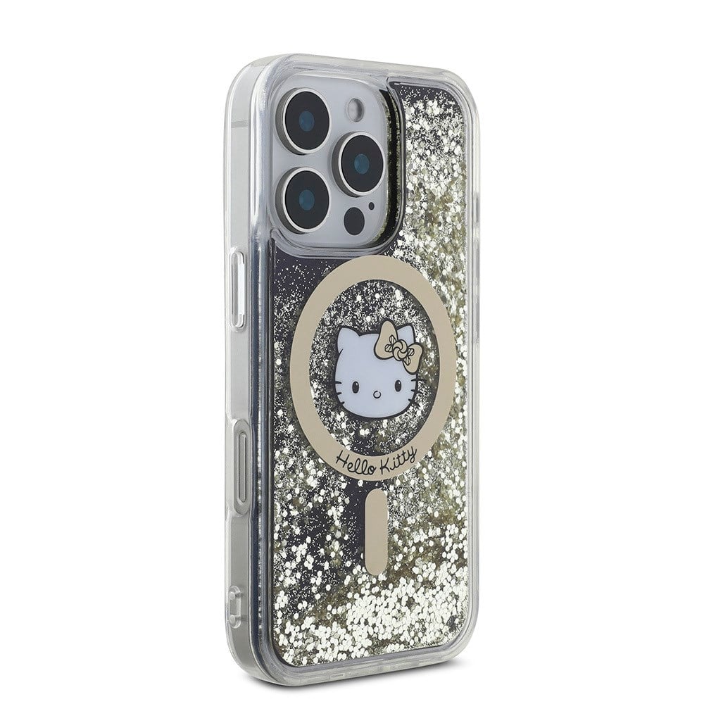 Apple iPhone 16 Pro Max Kılıf Hello Kitty Orjinal Lisanslı M-safe Şarj Özellikli IML Baskı Kitty Head Logolu Sıvılı Simli Altın Ateşi Kapak