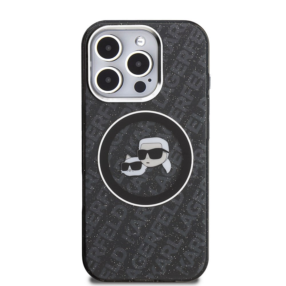 Apple iPhone 16 Pro Max Kılıf Karl Lagerfeld Orjinal Lisanslı Parlayan Simli Karl & Choupette Heads Kapak