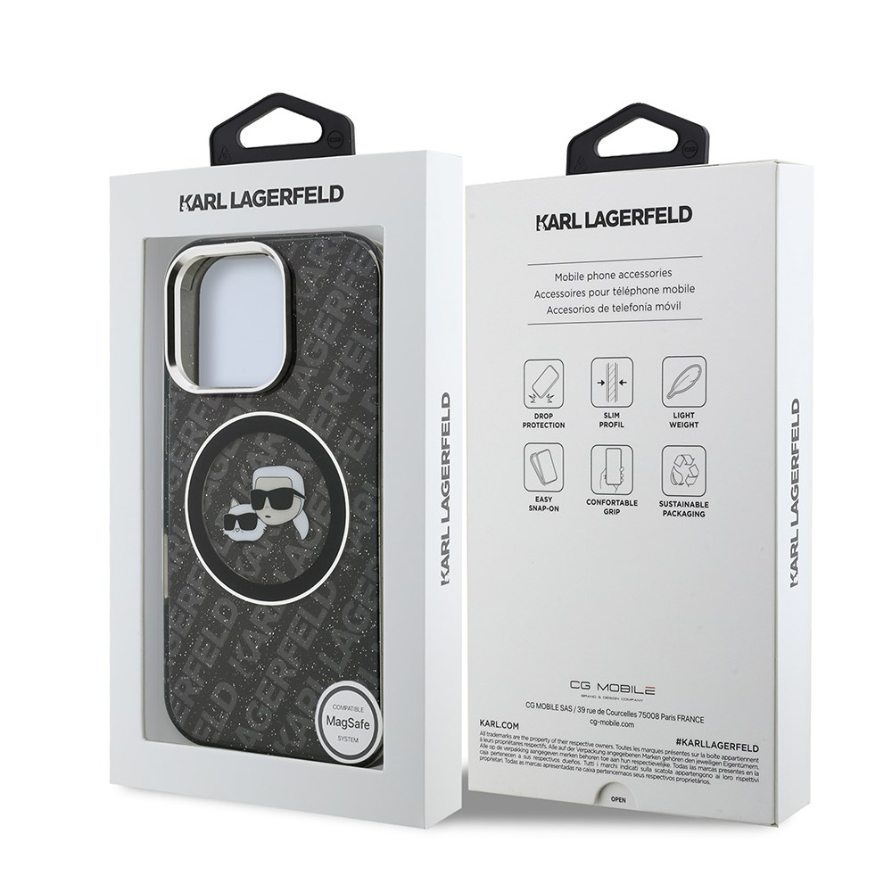 Apple iPhone 16 Pro Max Kılıf Karl Lagerfeld Orjinal Lisanslı Parlayan Simli Karl & Choupette Heads Kapak