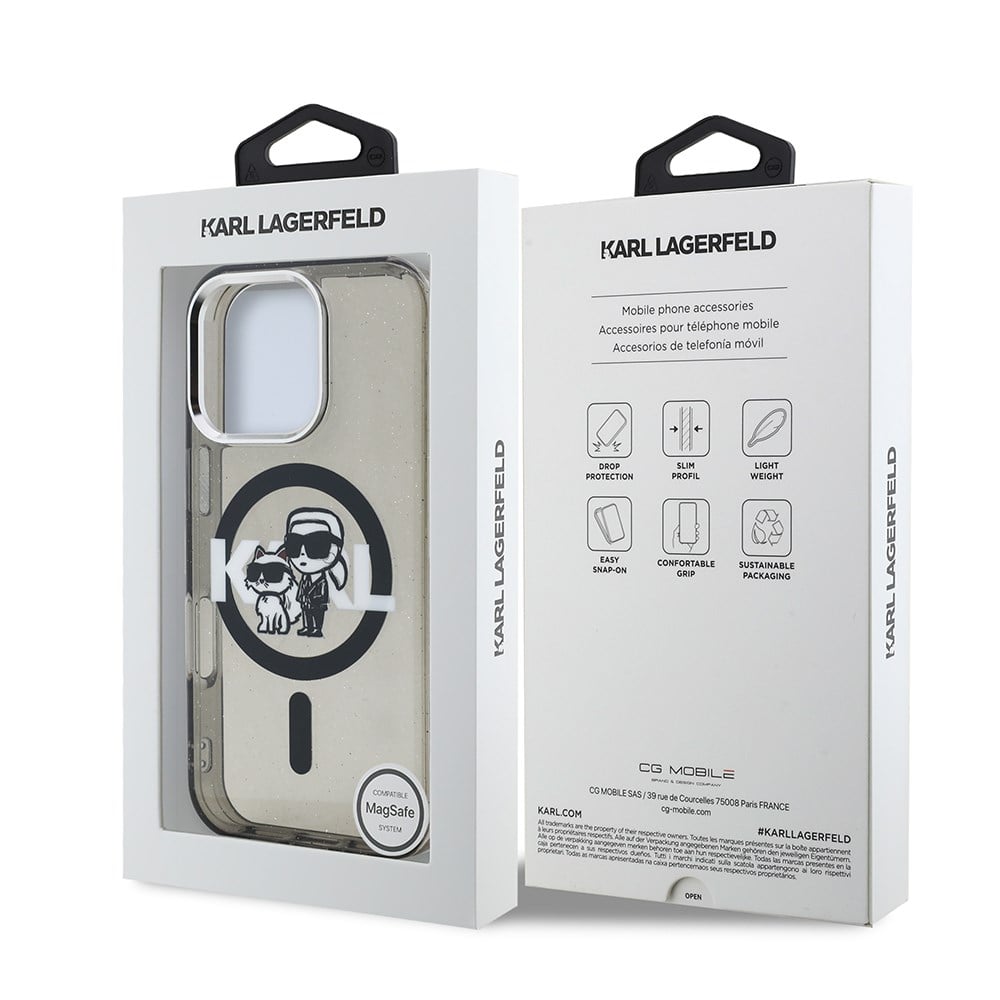 Apple iPhone 16 Pro Max Kılıf Karl Lagerfeld Orjinal Lisanslı Parlayan Simli Karl & Choupette Sketch Logo Kapak