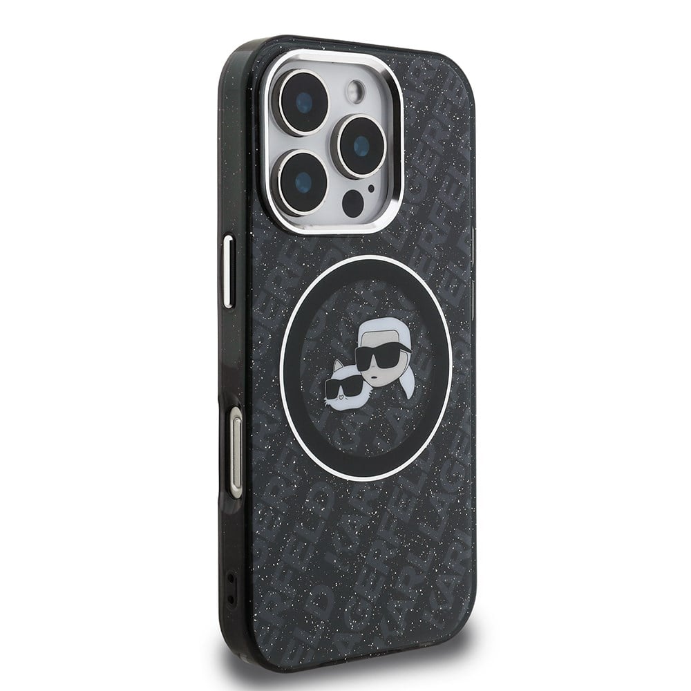 Apple iPhone 16 Pro Max Kılıf Karl Lagerfeld Orjinal Lisanslı Parlayan Simli Karl & Choupette Heads Kapak