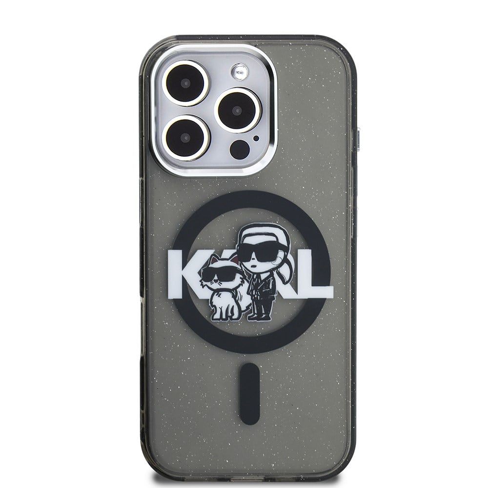 Apple iPhone 16 Pro Max Kılıf Karl Lagerfeld Orjinal Lisanslı Parlayan Simli Karl & Choupette Sketch Logo Kapak