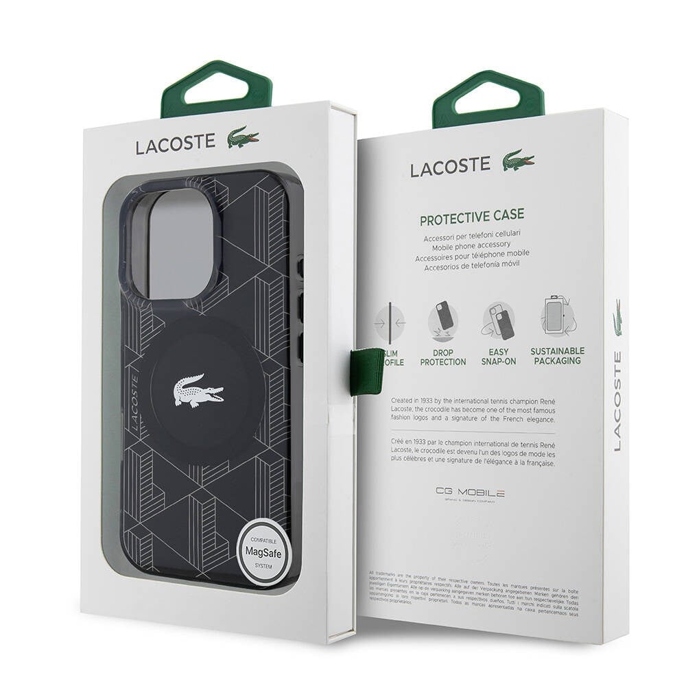 Apple iPhone 16 Pro Max Kılıf Lacoste Orjinal Lisanslı M-safe Şarj Özellikli IML Baskılı Gümüş Timsah Logolu Monogram Kapak