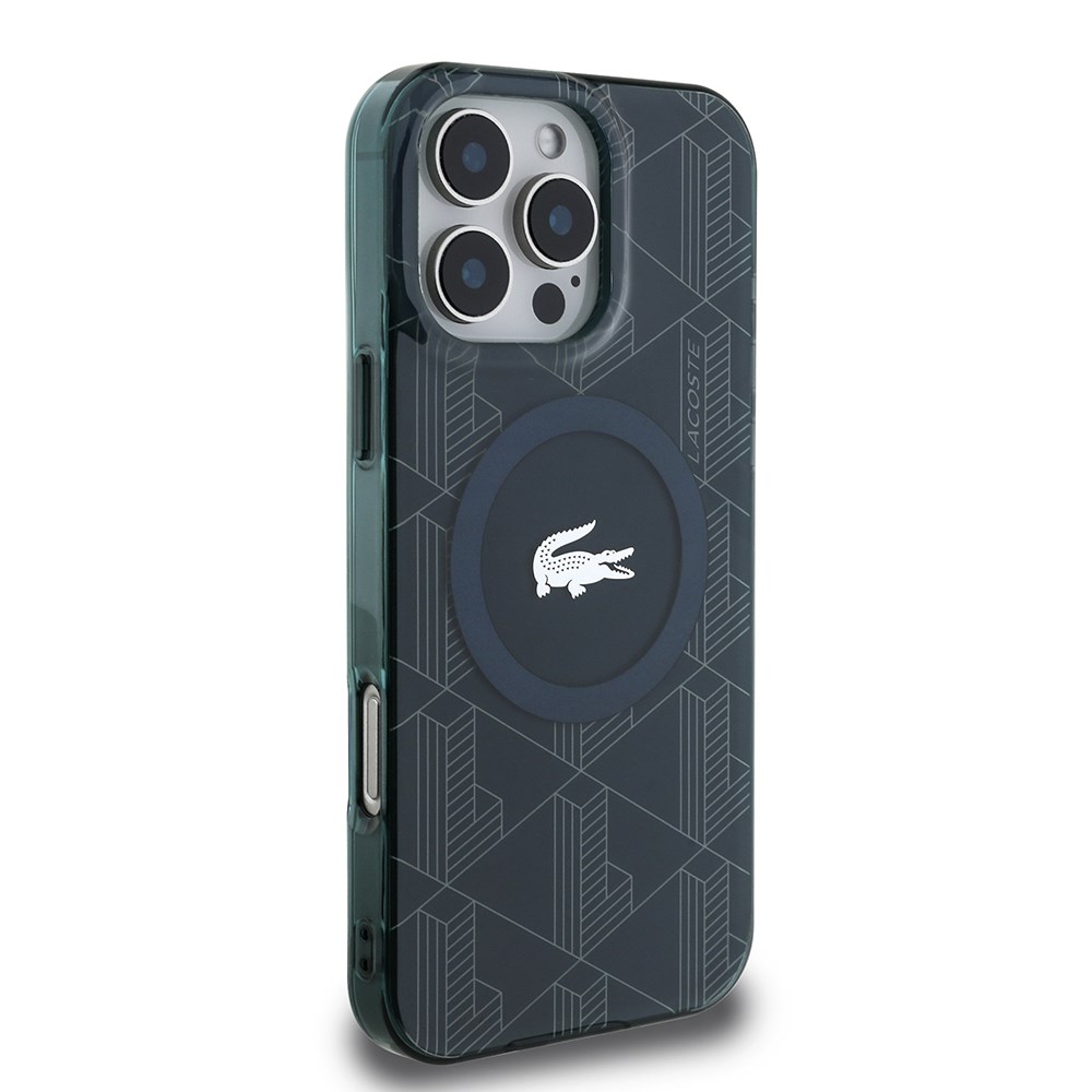Apple iPhone 16 Pro Max Kılıf Lacoste Orjinal Lisanslı M-safe Şarj Özellikli IML Baskılı Gümüş Timsah Logolu Monogram Kapak