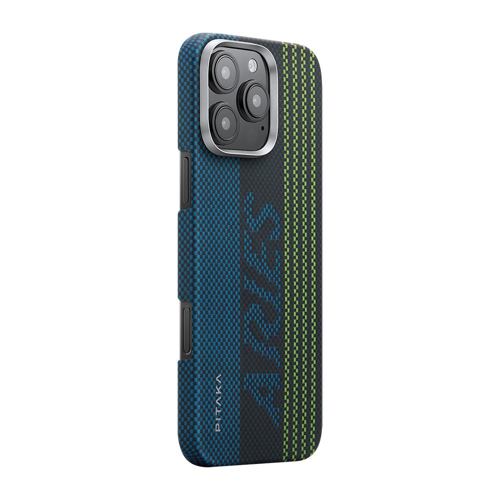 Apple iPhone 16 Pro Max Kılıf M-safe Şarj Özellikli Lumintex Teknolojili Fosforlu Aramid Fiber Pitaka Tactile Woven Aries Serisi Credit Card Kapak