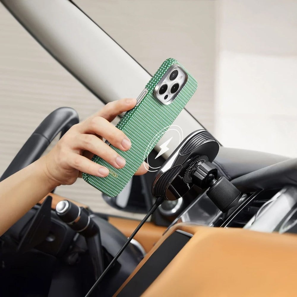 Apple iPhone 16 Pro Max Kılıf M-safe Şarj Özellikli Aramid Fiber Pitaka Ultra-Slim Classic Serisi Forest Green Kapak