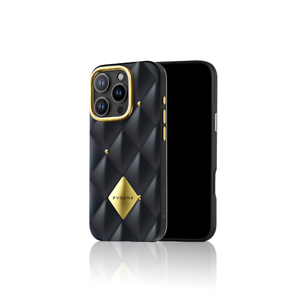 Apple iPhone 16 Pro Max Kılıf Parlak Arka Yüzeyli Kabartma Tasarımlı Kapitone Pynana Metal Diamond Serisi Kapak
