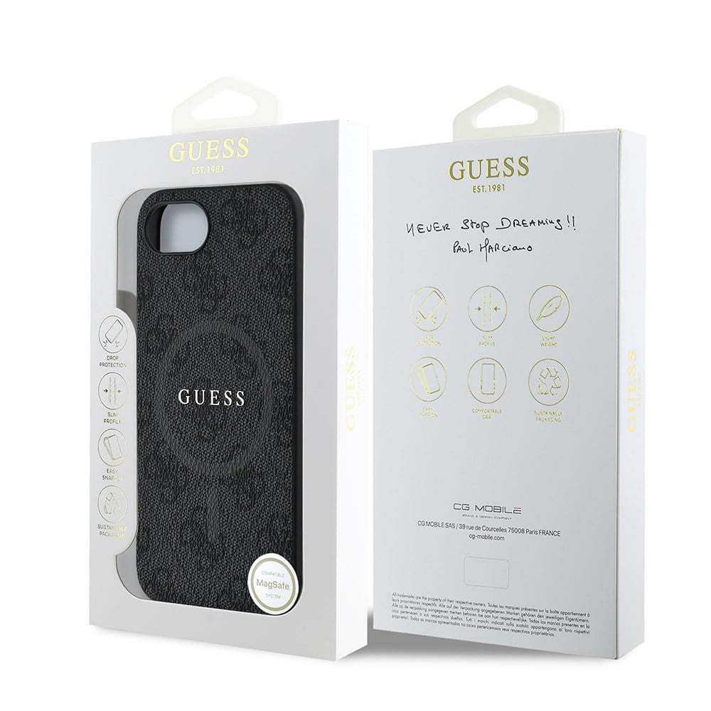 Apple iPhone 16E Kılıf Guess Orjinal Lisanslı M-safe Şarj Özellikli PU Halkalı 4G Desenli Yazı Logolu Kapak