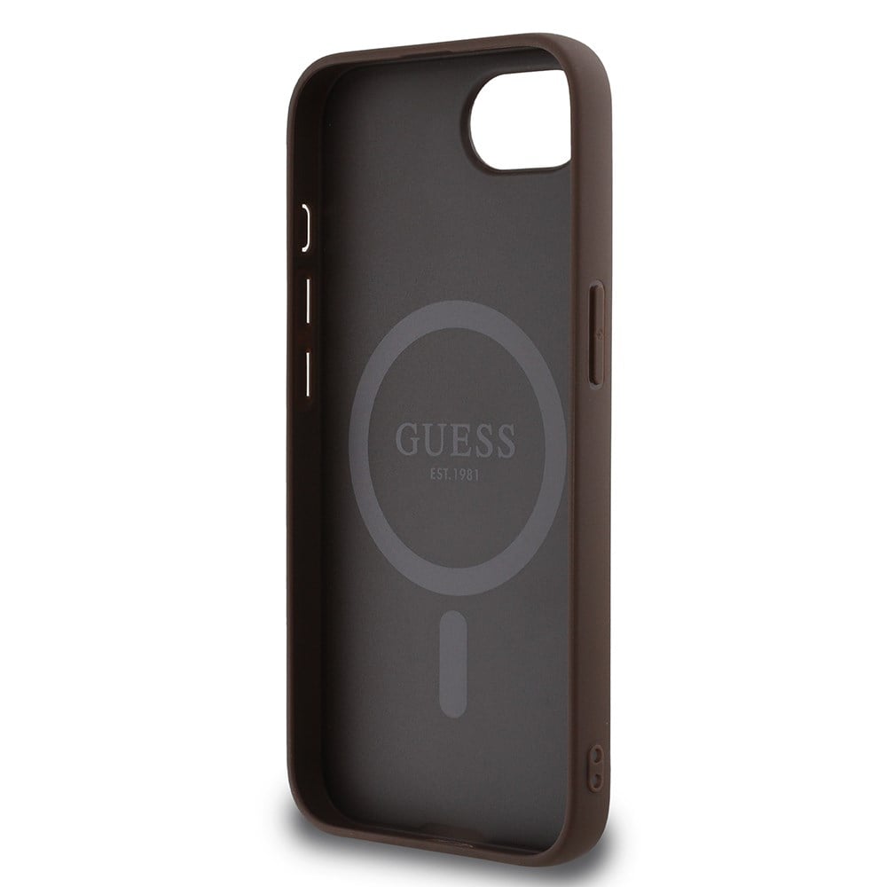 Apple iPhone 16E Kılıf Guess Orjinal Lisanslı M-safe Şarj Özellikli PU Üçgen Logo 4G Desenli Kapak