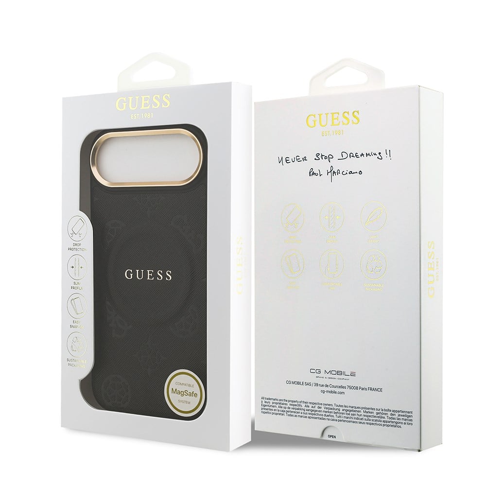 Apple iPhone 17 Air Kılıf Guess Orjinal Lisanslı M-safe Şarj Özellikli Sıcak Baskılı Yazı Logolu PU Deri Peony Kapak