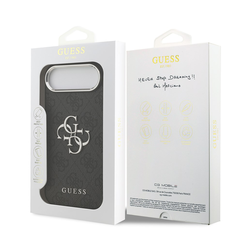 Apple iPhone 17 Air Kılıf Guess Orjinal Lisanslı Gümüş Metal Kamera Çerçeveli 4G Desenli Metal Büyük 4G ve Yazı Logolu Kapak