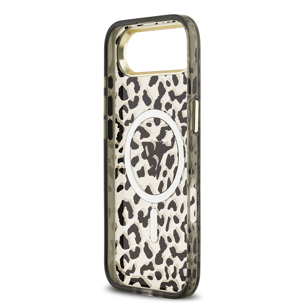 Apple iPhone 17 Air Kılıf Guess Orjinal Lisanslı M-safe Şarj Özellikli Üçgen Logolu Simli Leopar Desenli Kapak