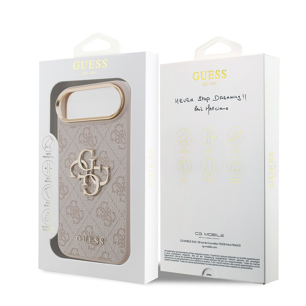 Apple iPhone 17 Air Kılıf Guess Orjinal Lisanslı Gold Metal Kamera Çerçeveli 4G Desenli Metal Büyük 4G ve Yazı Logolu Kapak