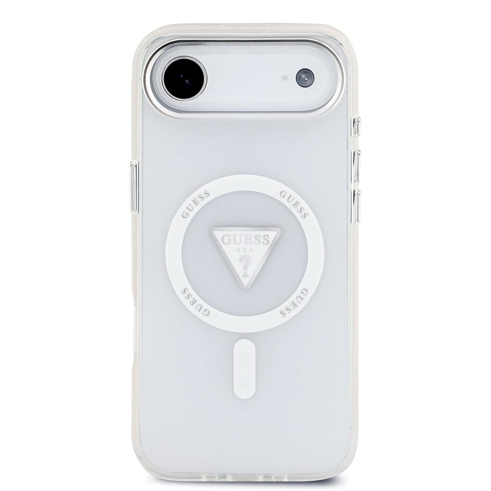 Apple iPhone 17 Air Kılıf Guess Orjinal Lisanslı M-safe Şarj Özellikli IML Baskılı Üçgen Logolu Metal Kamera Çerçeveli Kapak