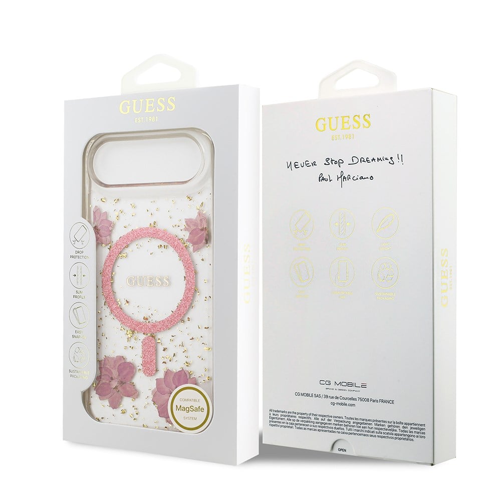 Apple iPhone 17 Air Kılıf Guess Orjinal Lisanslı M-safe Şarj Özellikli Transparan Resin Flowers Kapak