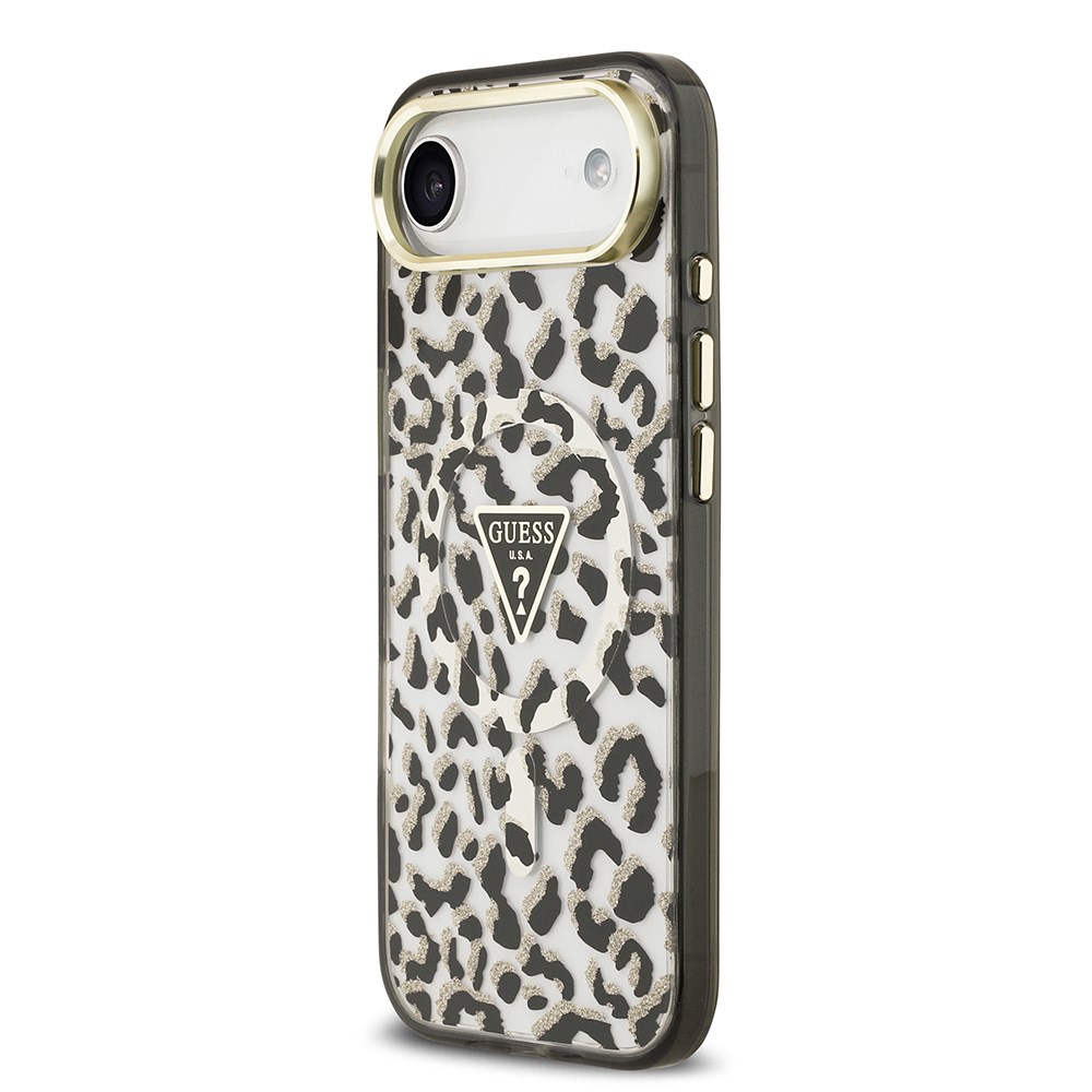 Apple iPhone 17 Air Kılıf Guess Orjinal Lisanslı M-safe Şarj Özellikli Üçgen Logolu Simli Leopar Desenli Kapak