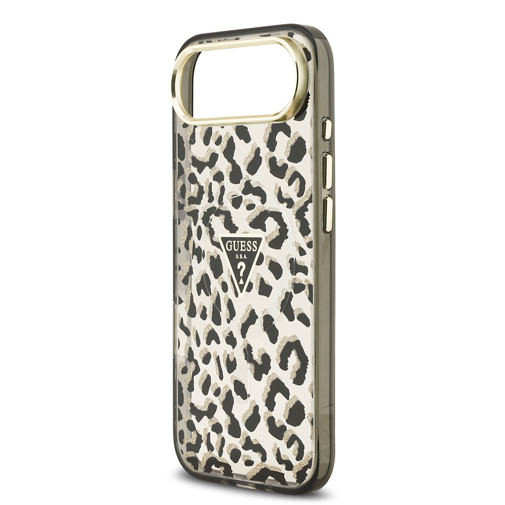 Apple iPhone 17 Air Kılıf Guess Orjinal Lisanslı M-safe Şarj Özellikli Üçgen Logolu Simli Leopar Desenli Kapak