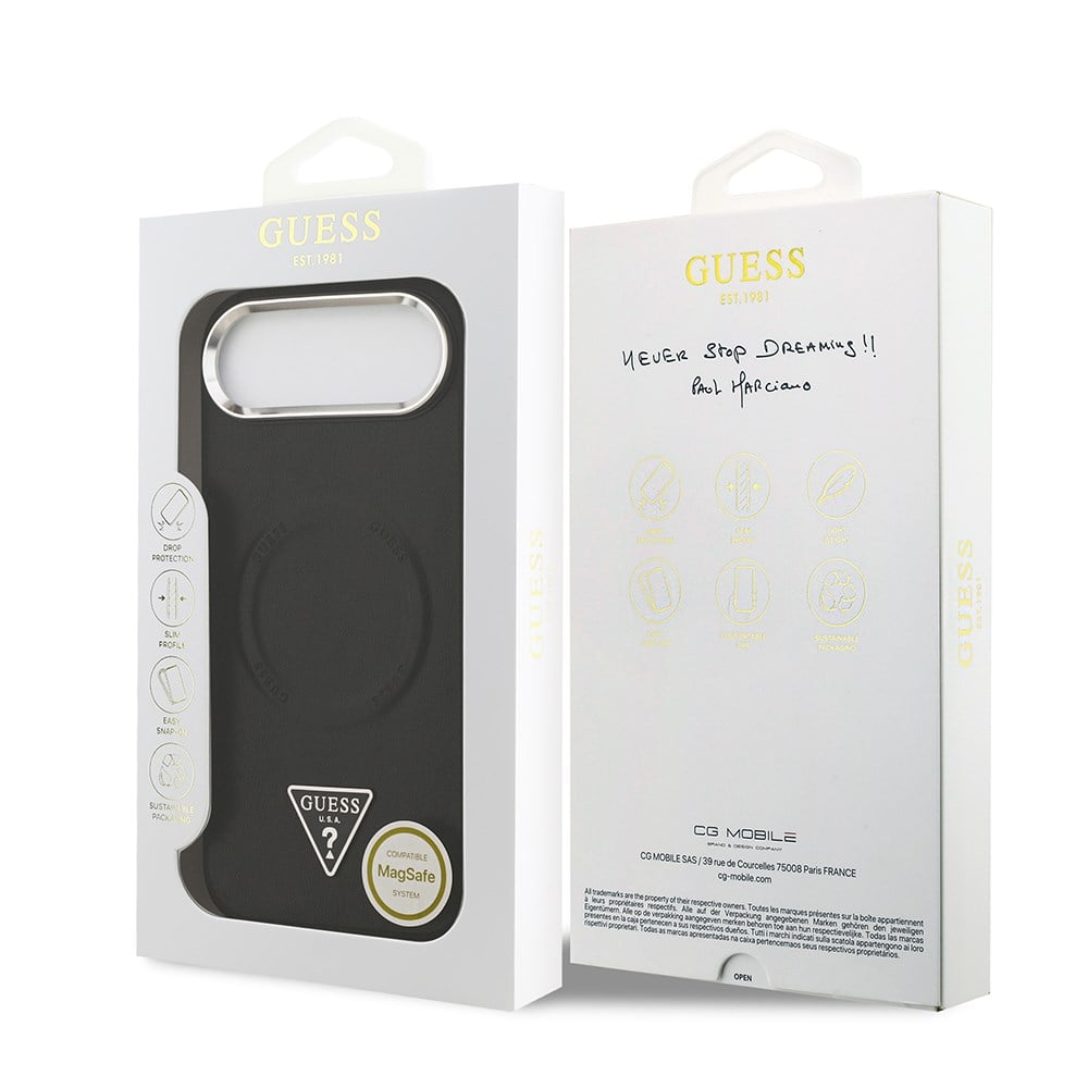 Apple iPhone 17 Air Kılıf Guess Orjinal Lisanslı M-safe Şarj Özellikli PU Deri Metal Kamera Çerçeveli Üçgen Logolu Kapak