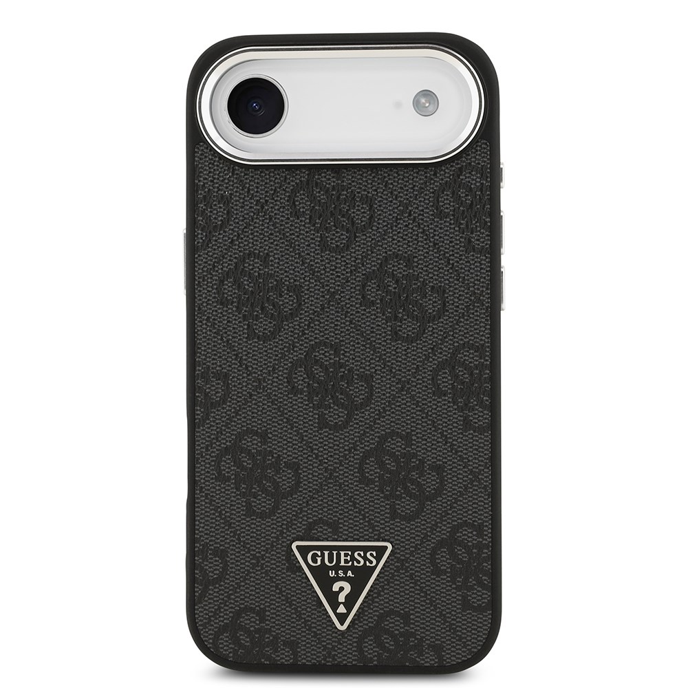 Apple iPhone 17 Air Kılıf Guess Orjinal Lisanslı M-safe Şarj Özellikli Gümüş Metal Kamera Çerçeveli Üçgen Logo 4G Desenli Kapak