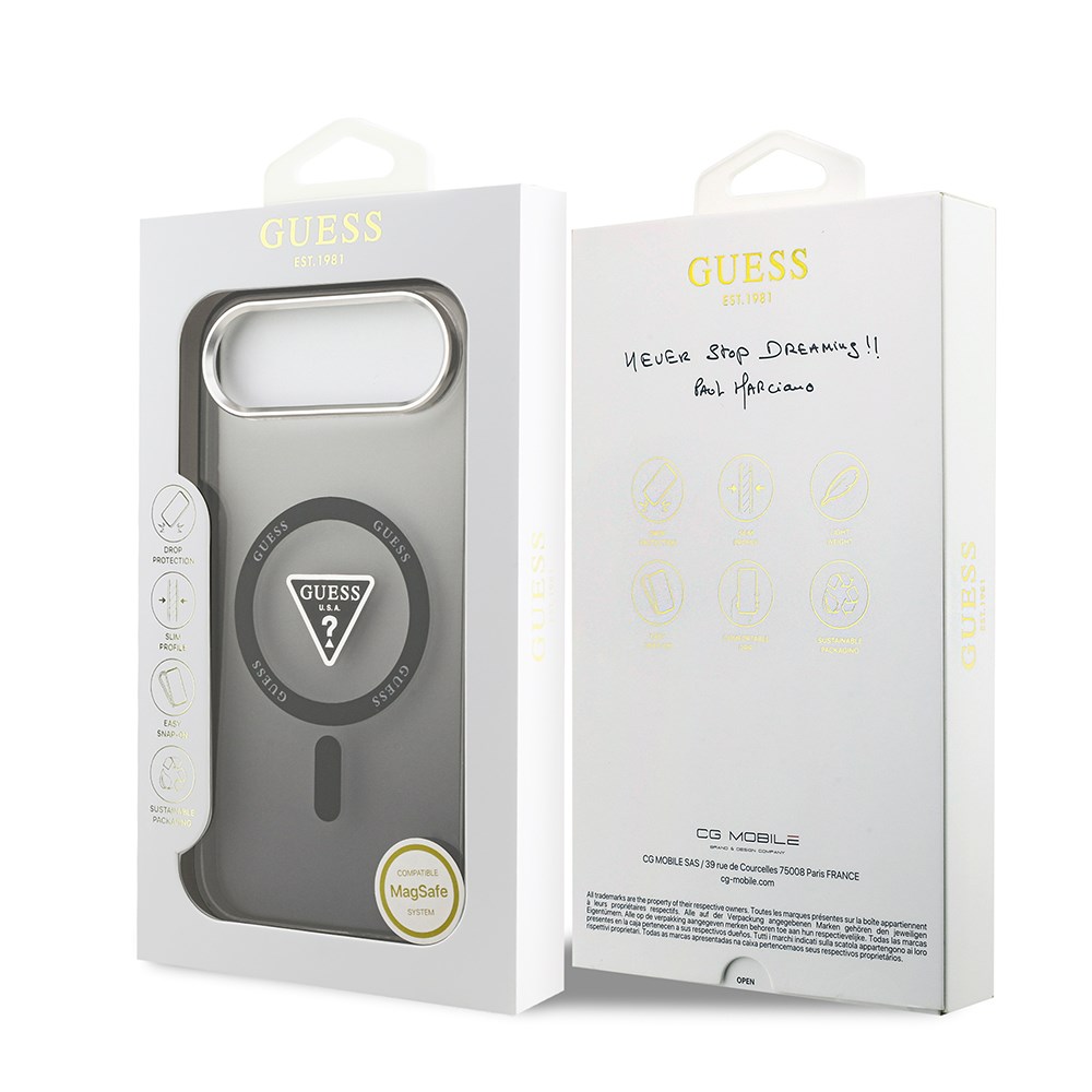 Apple iPhone 17 Air Kılıf Guess Orjinal Lisanslı M-safe Şarj Özellikli IML Baskılı Üçgen Logolu Metal Kamera Çerçeveli Kapak