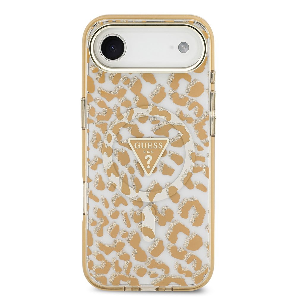 Apple iPhone 17 Air Kılıf Guess Orjinal Lisanslı M-safe Şarj Özellikli Üçgen Logolu Simli Leopar Desenli Kapak