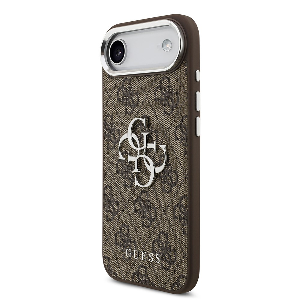 Apple iPhone 17 Air Kılıf Guess Orjinal Lisanslı Gümüş Metal Kamera Çerçeveli 4G Desenli Metal Büyük 4G ve Yazı Logolu Kapak