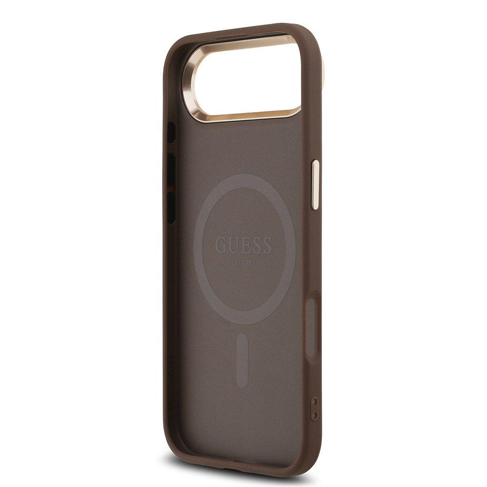 Apple iPhone 17 Air Kılıf Guess Orjinal Lisanslı M-safe Şarj Özellikli Gold Metal Kamera Çerçeveli Taşlı Üçgen Logo 4G Desenli Kapak