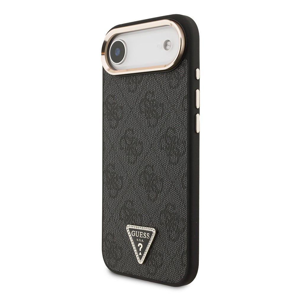 Apple iPhone 17 Air Kılıf Guess Orjinal Lisanslı M-safe Şarj Özellikli Gold Metal Kamera Çerçeveli Taşlı Üçgen Logo 4G Desenli Kapak