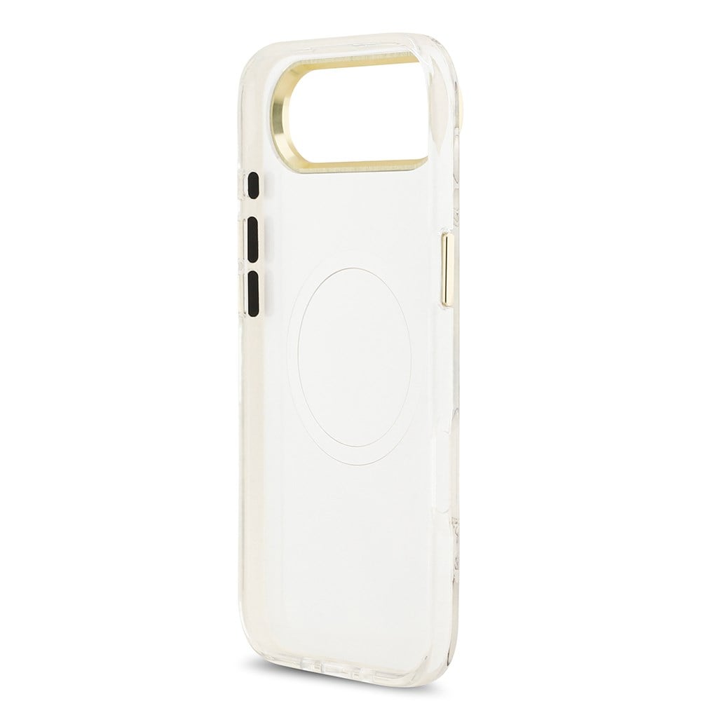 Apple iPhone 17 Air Kılıf Guess Orjinal Lisanslı M-safe Şarj Özellikli Simli Çiçek Desenli Metal Kamera Çerçeveli Üçgen Logolu Kapak