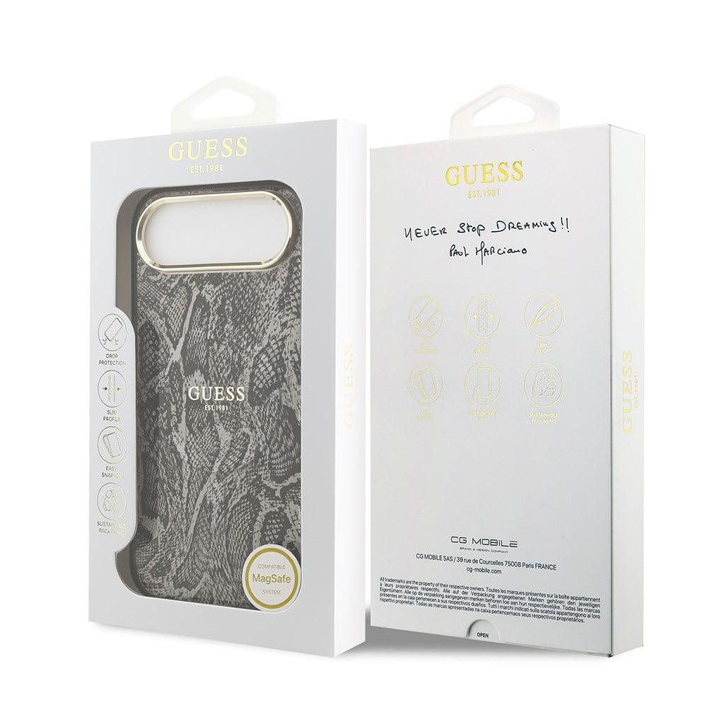 Apple iPhone 17 Air Kılıf Guess Orjinal Lisanslı M-safe Şarj Özellikli Yazı Logolu Python Desenli Kapak