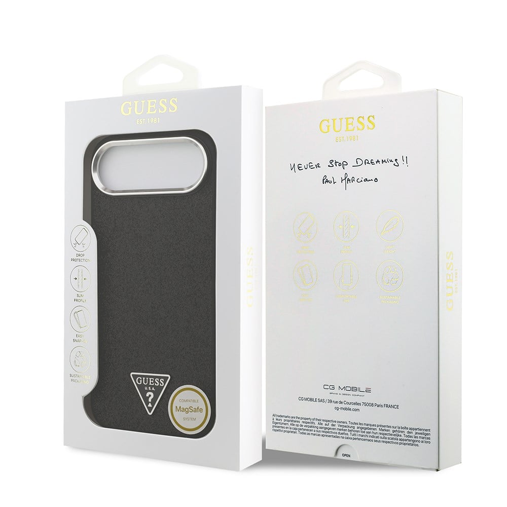 Apple iPhone 17 Air Kılıf Guess Orjinal Lisanslı M-safe Şarj Özellikli Metal Kamera Çerçeveli Üçgen Logolu Glitter Kapak