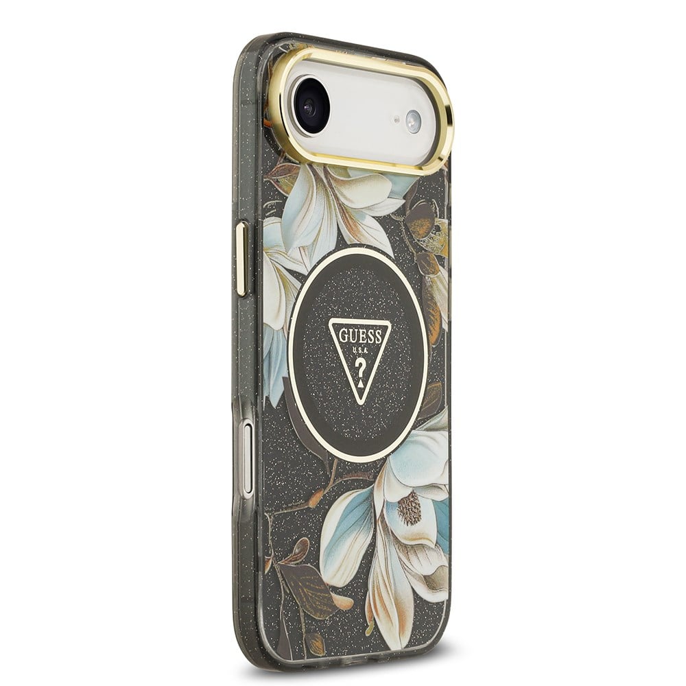 Apple iPhone 17 Air Kılıf Guess Orjinal Lisanslı M-safe Şarj Özellikli Simli Çiçek Desenli Metal Kamera Çerçeveli Üçgen Logolu Kapak