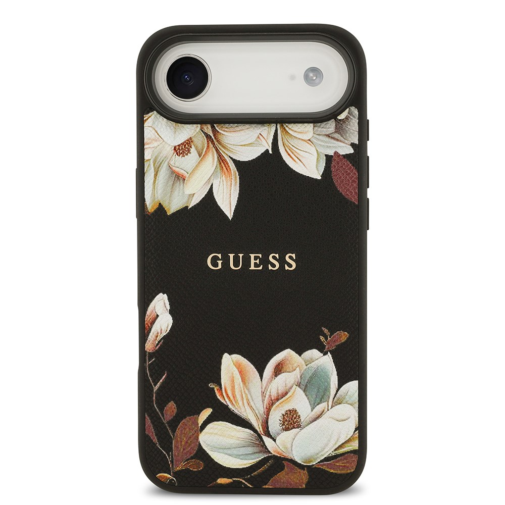 Apple iPhone 17 Air Kılıf Guess Orjinal Lisanslı M-safe Şarj Özellikli Taneli Çiçek Tasarımlı Metal Yazı Logolu Kapak